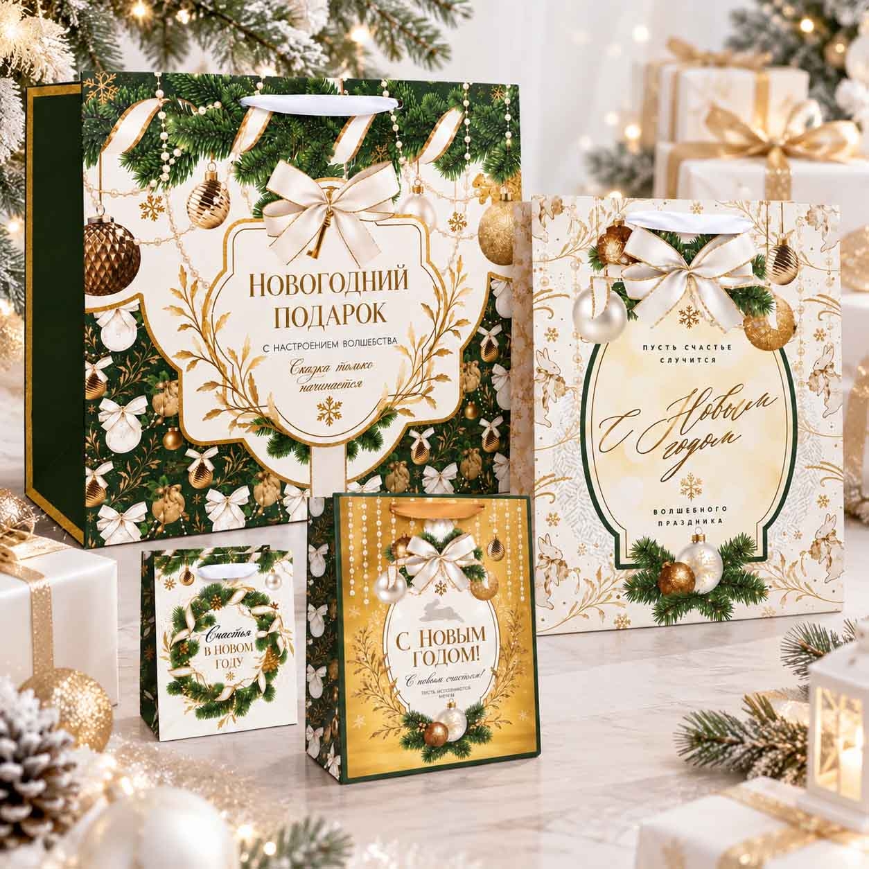 Geschenktasche-Set aus 4 St., "С новым годом!", 50x40, 40х31, 23х18, 12х15 cm