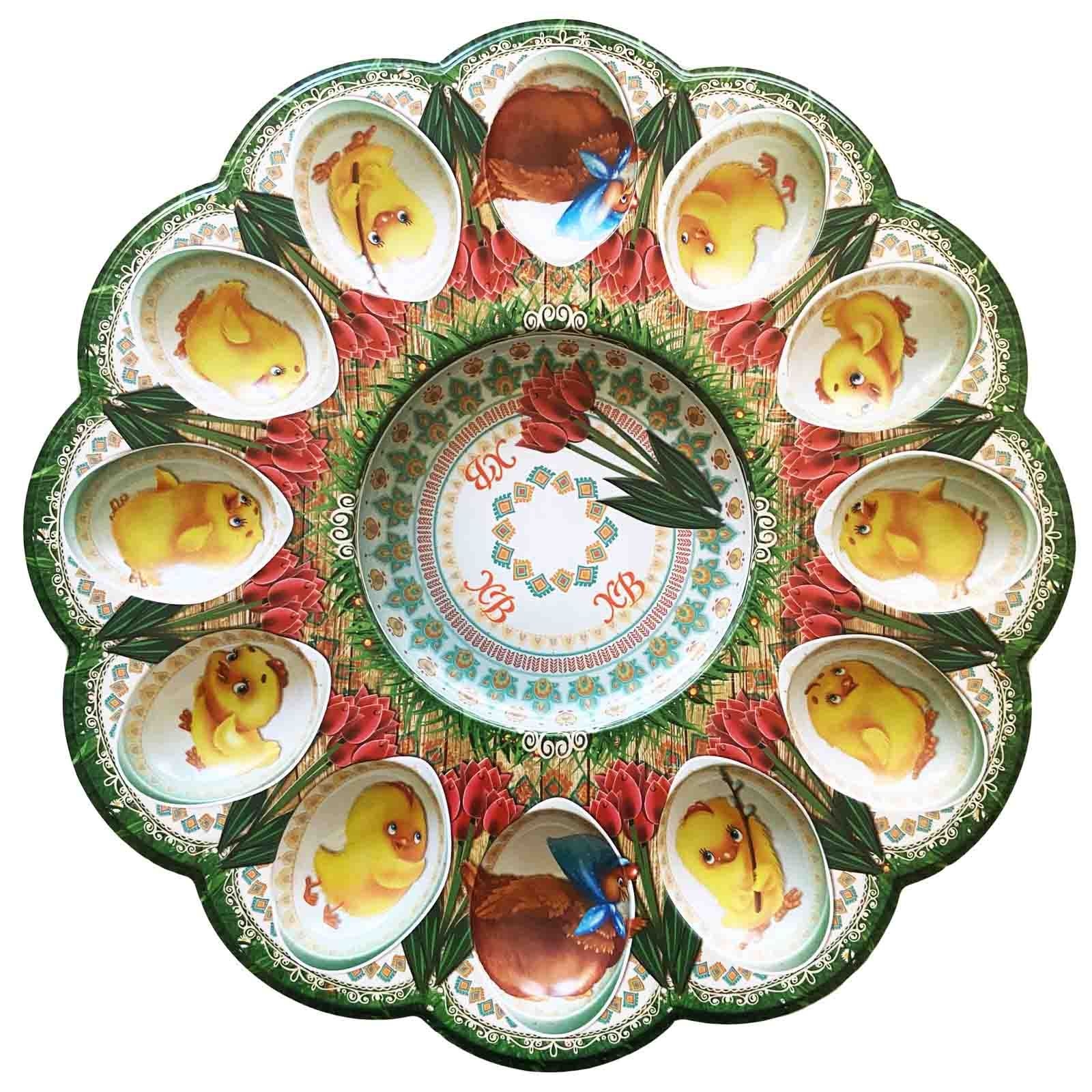 Tablett für 12 Ostereier "Hühner mit Tulpen"