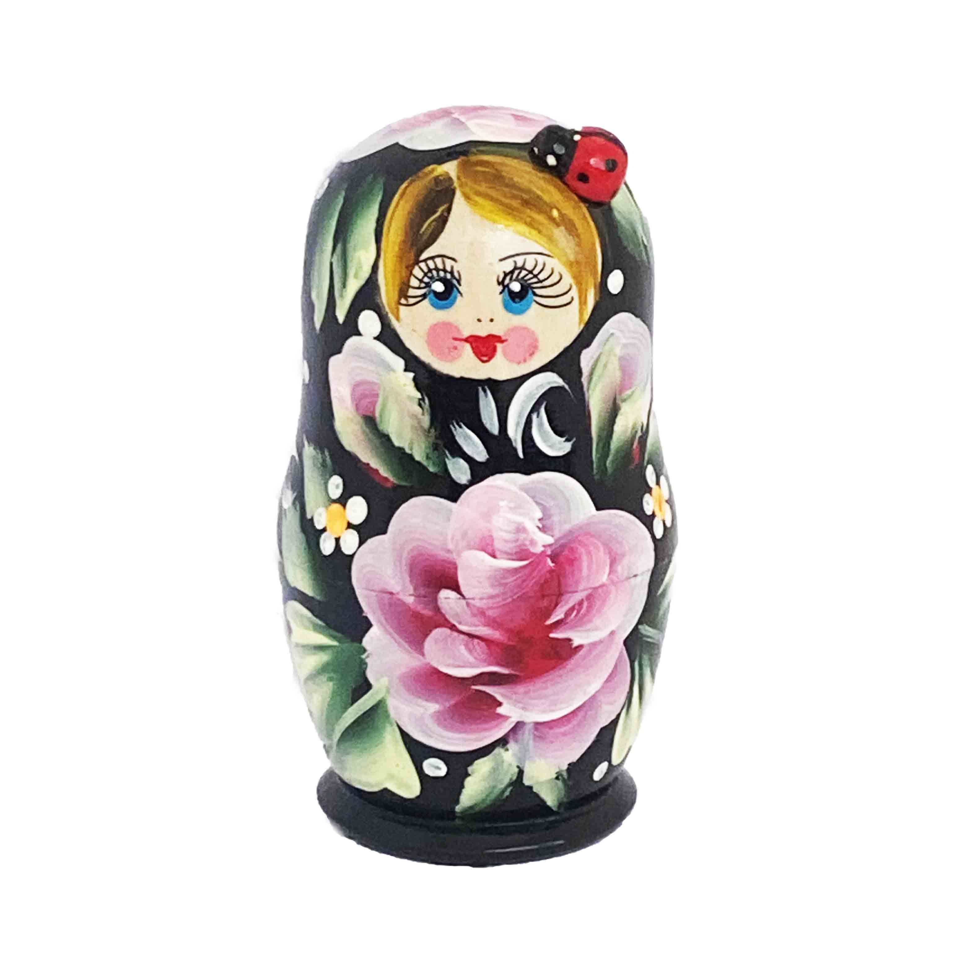 Матрёшка "Народная роспись", "Черная с цветком и божьей коровкой", 10-12 см (5 мест)