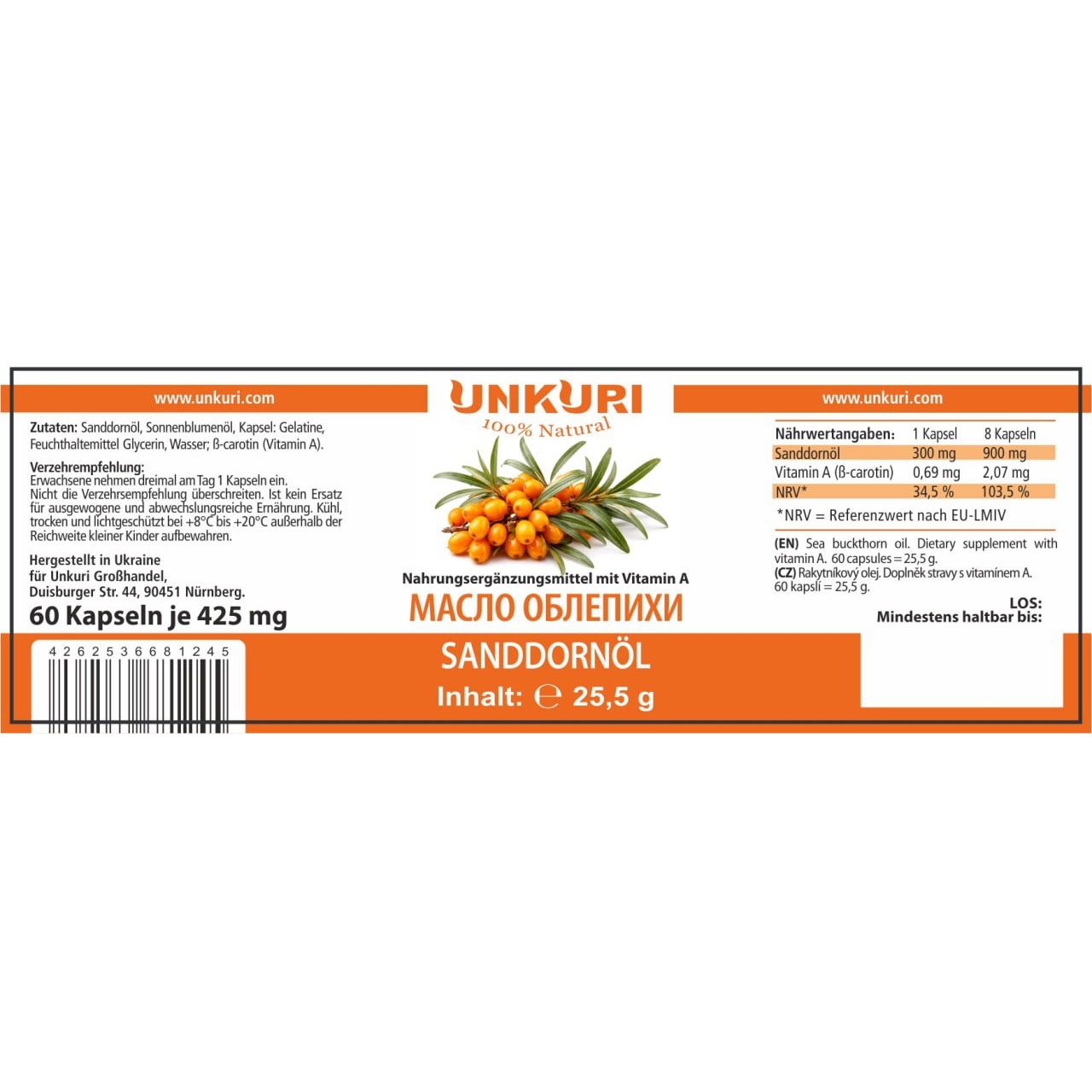 "Unkuri 100% Natural" Sanddornöl in Kapseln, 60 Kaps. in Dose
