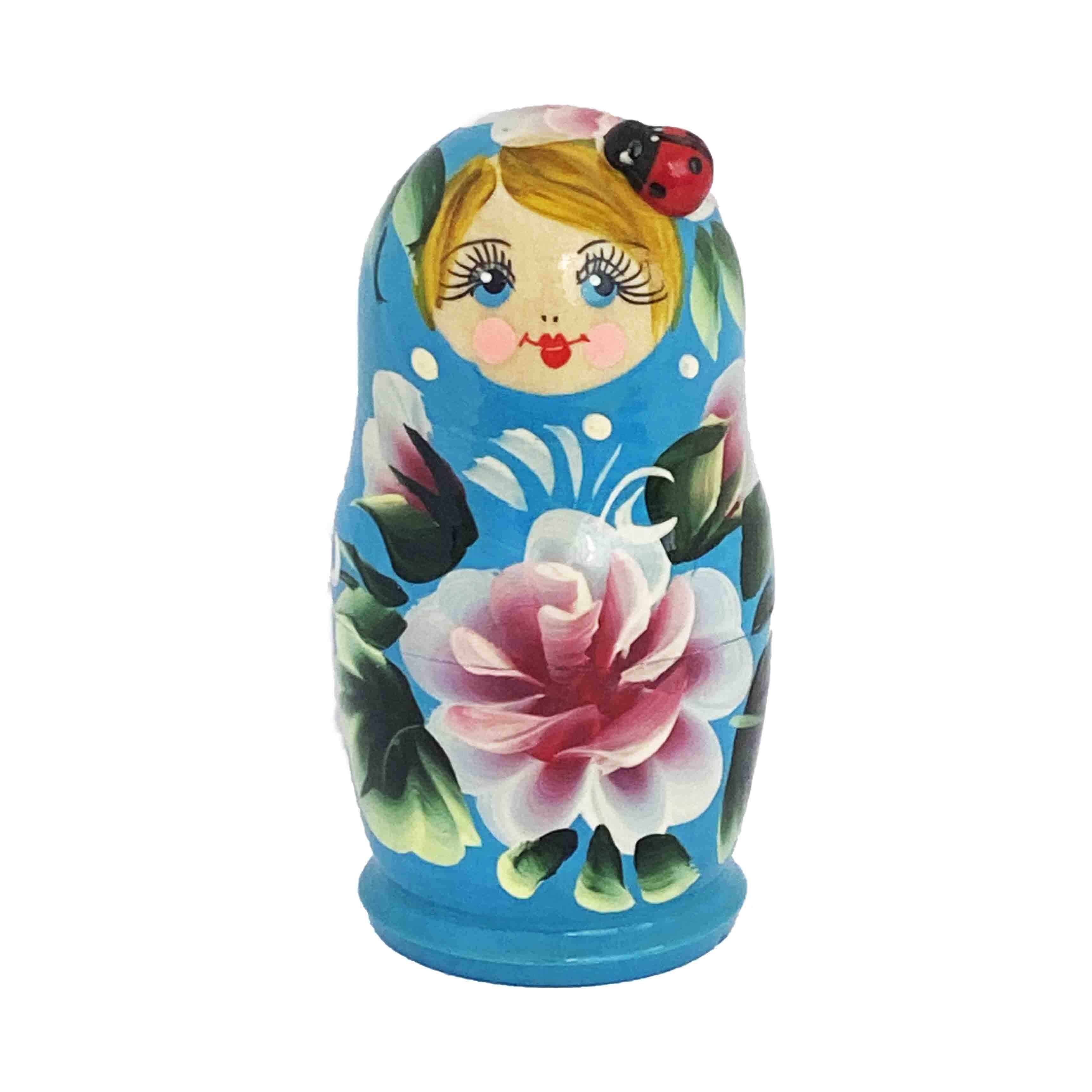 Матрёшка "Народная роспись", "Синяя с цветком и божьей коровкой", 10-12 см (5 мест)