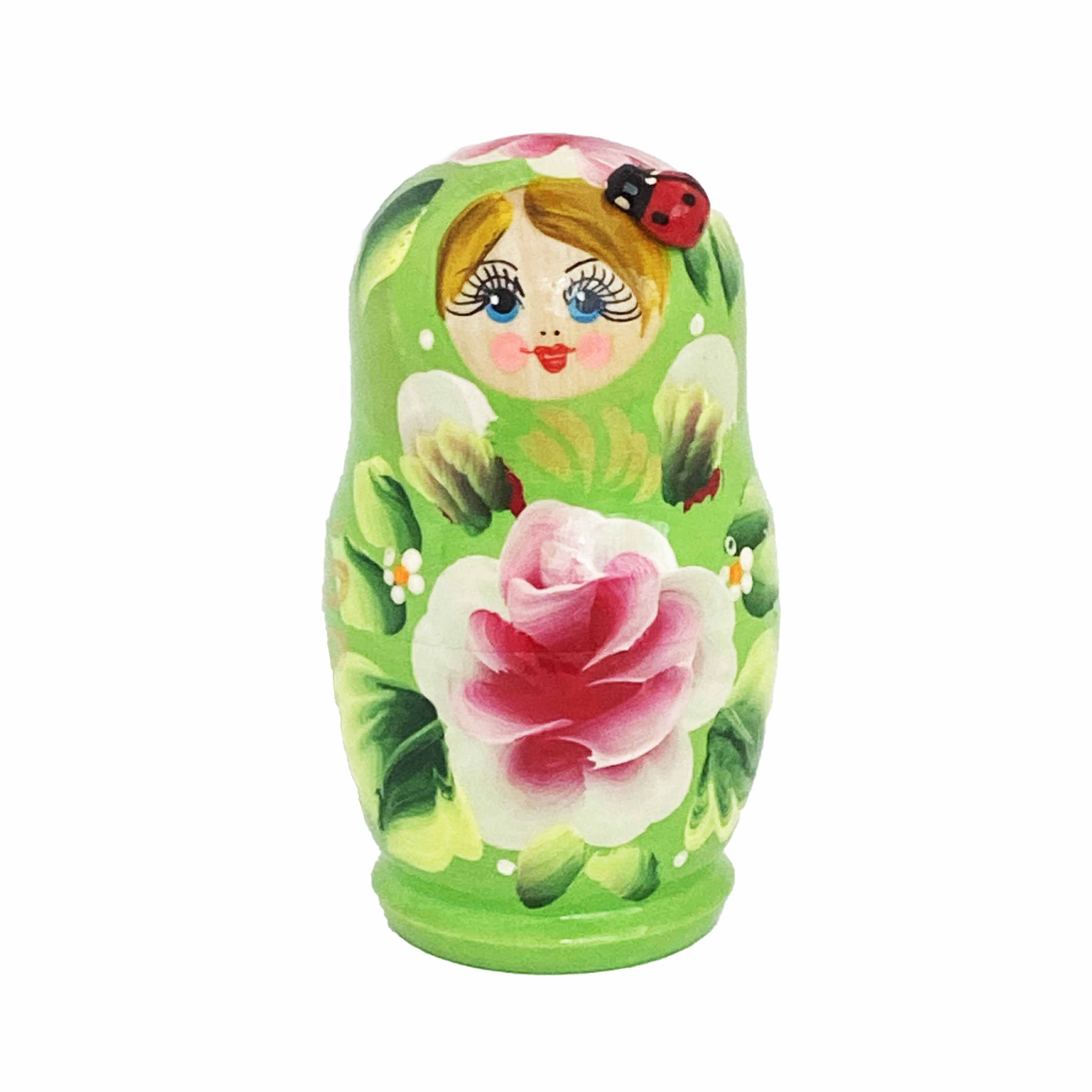 Матрёшка "Народная роспись", "Зеленая с цветком и божьей коровкой", 10-12 см (5 мест)