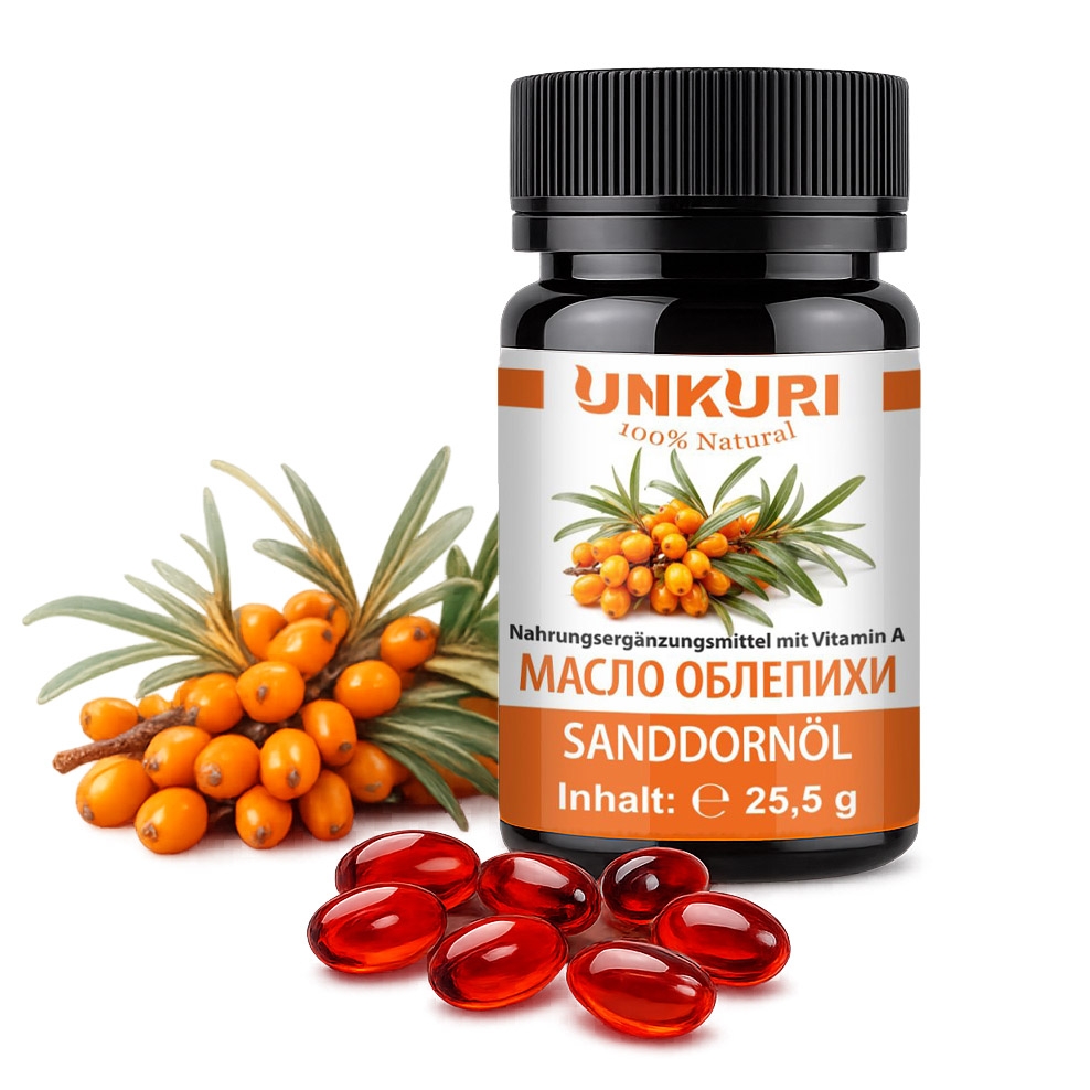 "Unkuri 100% Natural" Sanddornöl in Kapseln, 60 Kaps. in Dose