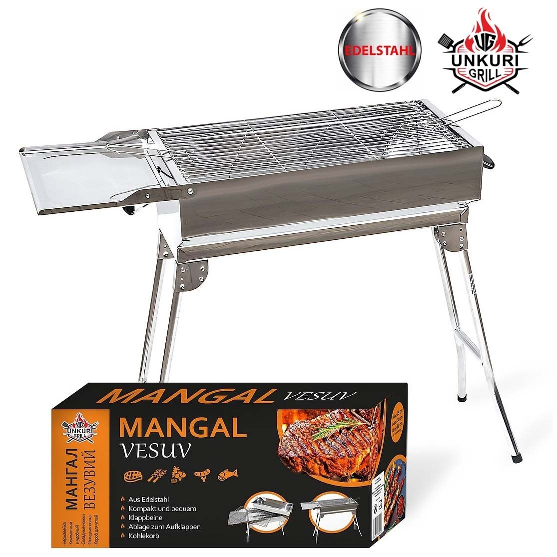 Mangal-Grill "Vesuv" aus Edelstahl mit Kohlenkorb