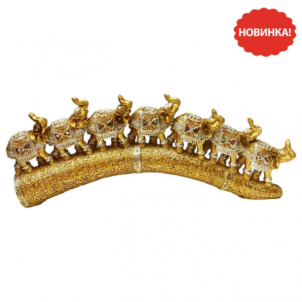 Keramikfiguren "7 Elefanten auf einem Stoßzahn", Gold mit Spiegeln, 30х12 cm
