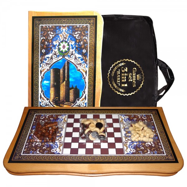 Brettspielset 3in1 "Baku", aus lackiertem Holz, 56x56 cm