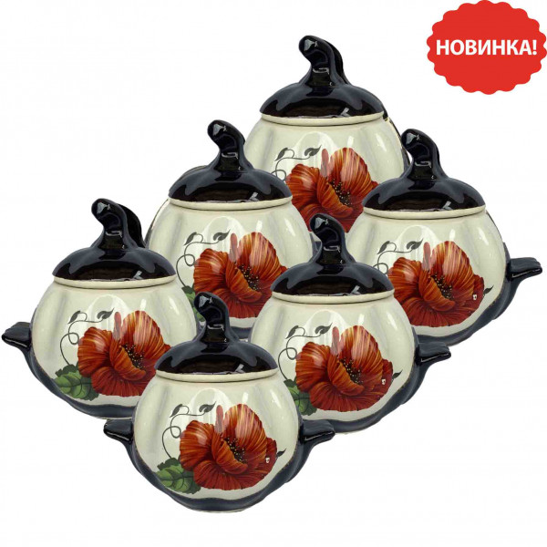 Keramiktopf "Mohnblumen" mit Griffen, 750 ml, Set aus 6 St.