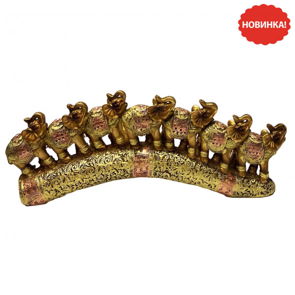 Keramikfiguren "7 Elefanten auf einem Stoßzahn", Bronze mit Gold, 30х12 cm