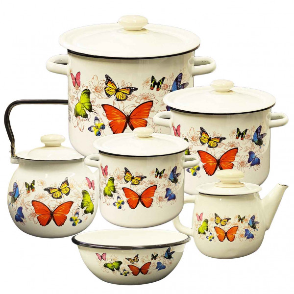 Emaillierten Set "Butterfly", Kochtöpfen 2,3,4.5 L, Teekannen 1, 3.5 L, Schüssel 4L