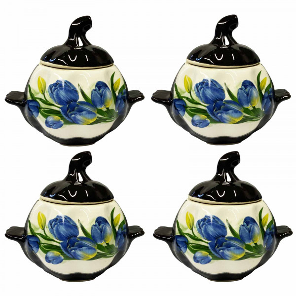 Keramiktopf "Blau Tulpen" mit Griffen, 750 ml, Set aus 4 St.
