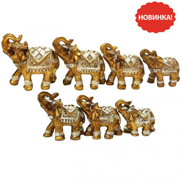 Figurenset "7 Elefanten", Gold mit Spiegeln, Keramik, 12-4 cm