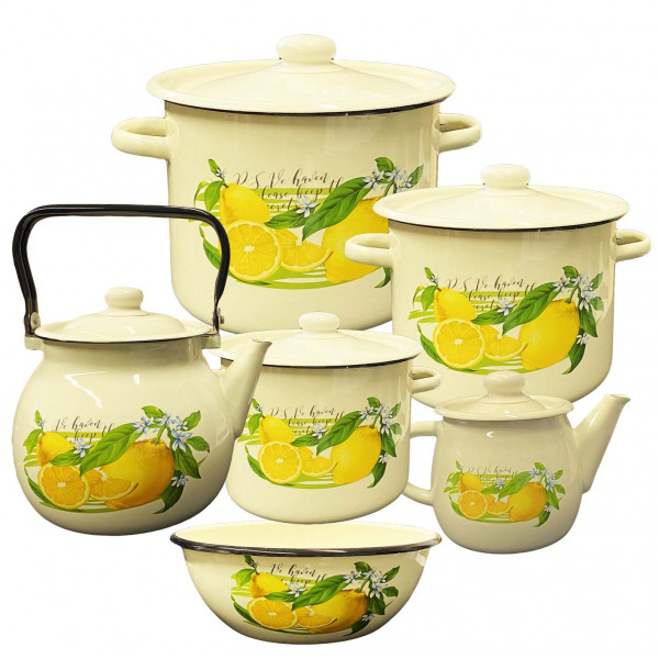 Emaillierten Set "Zitronen", Kochtöpfen 2,3,4.5 L, Teekannen 1, 3.5 L, Schüssel 4L
