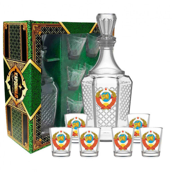 Set - Wodkagläser 6 St. mit Karaffe Kardinal, 50 ml, "Wappen von USSR"