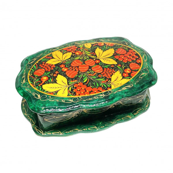 Souvenir Schatulle "Kamille 1 Oval", Khokhloma grün, 18x13x5cm