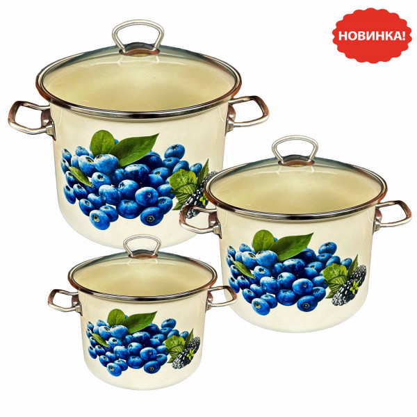 Set mit drei emaillierten Kochtöpfen, "Heidelbeeren", 2L, 3L, 5,5L