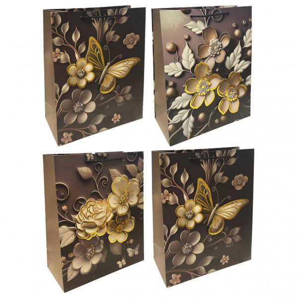 Geschenktasche-Set "Blumen und Smetterlinge schwarz" M, 22x31 cm