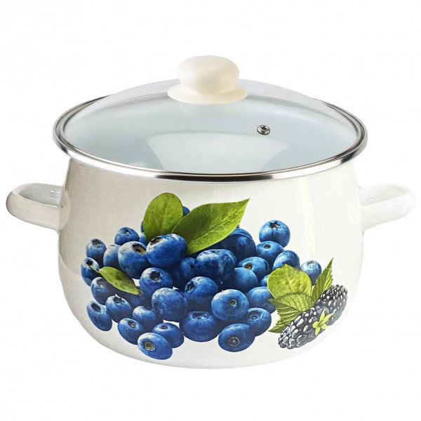 Topf emailliert "Blaubeeren", 5 L, "Premium", Glass Deckel