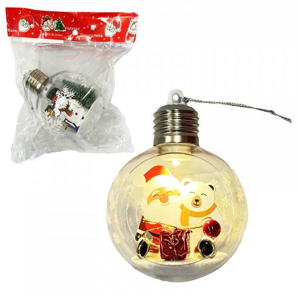 Tannenbaumkugel LED, Kunststoff, Ø 8 cm, "Weihnachtsmann mit einem Bärenjungen", 1 St.