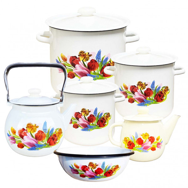 Emaillierten Set "Blumenstrauß", Kochtöpfen 2,3,4.5 L, Teekannen 1, 3.5 L, Schüssel 4L