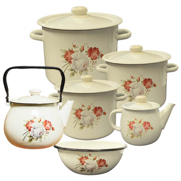 Emaillierten Set "Rose", Kochtöpfen 2,3,4.5 L, Teekannen 1, 3.5 L, Schüssel 4L