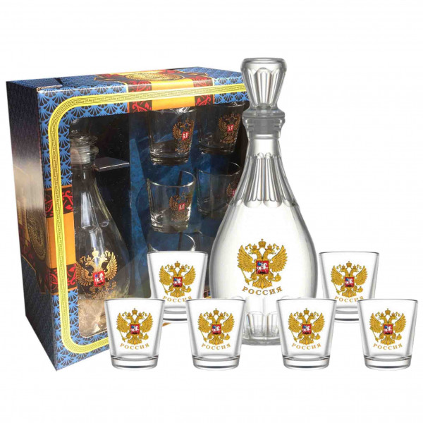 Set Wodkagläser mit Karaffe Dionisos aus 6 St., 50 ml, "Wappen von Russland"