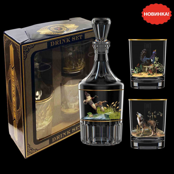 Gläser-Set mit Karaffe Caesar und 2 Whiskeygläser 250 ml, "Trophäenjagd", mit Gold