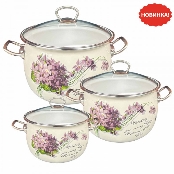 Set mit drei emaillierten Kochtöpfen, "Viola" Premium Plus, 2,5L, 3,5L, 5L