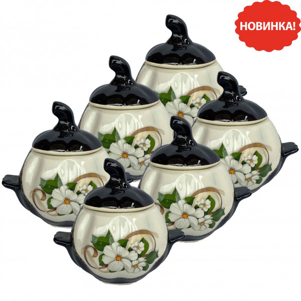 Keramiktopf "Weiß Blumen" mit Griffen, 750 ml, Set aus 6 St.