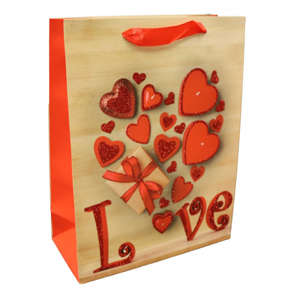 Geschenktasche "Love und viele Herzen", M, 22x31 cm