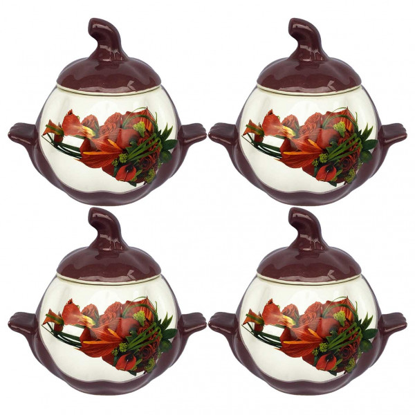 Keramiktopf "Rote Blumen" mit Griffen, 750 ml, Set aus 4 St.