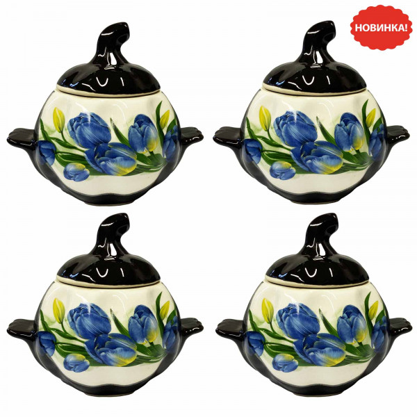 Keramiktopf "Blau Tulpen" mit Griffen, 750 ml, Set aus 4 St.