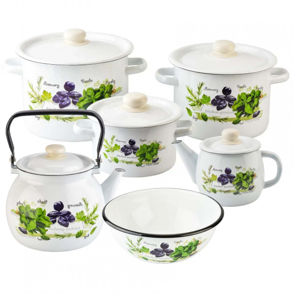 Emaillierten Set "Frisches Grün", Kochtöpfen 2,3,4.5 L, Teekannen 1, 3.5 L, Schüssel 4L