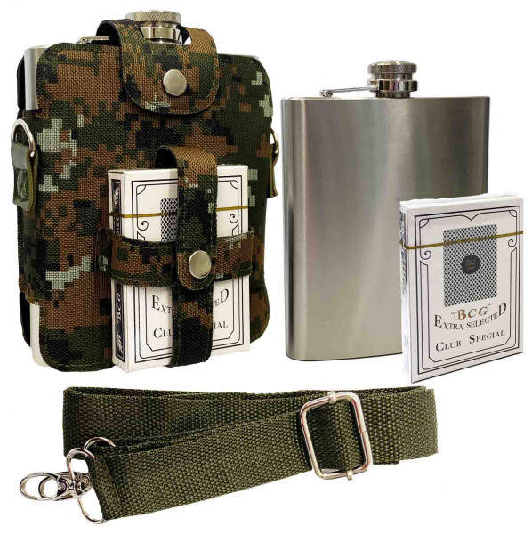Flachmann-Set in Tasche mit Gürtel und Spielkarten, 540 ml