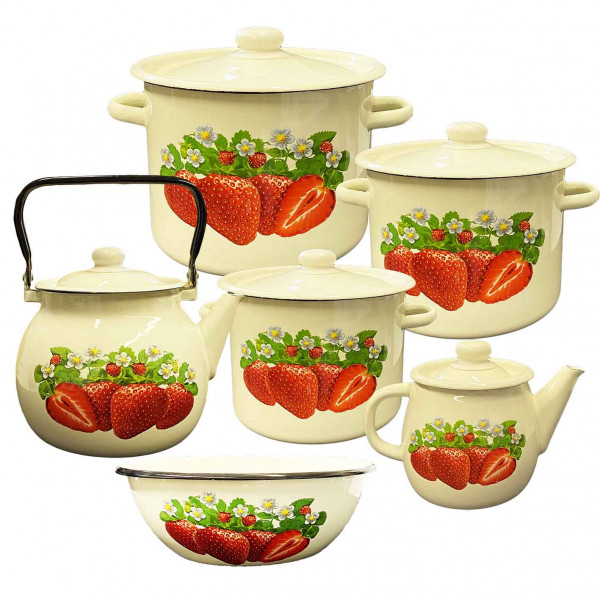 Emaillierten Set "Erdbeeren", Kochtöpfen 2,3,4.5 L, Teekannen 1, 3.5 L, Schüssel 4L