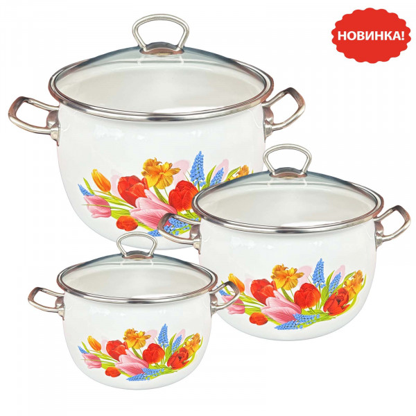 Set mit drei emaillierten Kochtöpfen, "Blumenstraus" Premium Plus, 2,5L, 3,5L, 5L