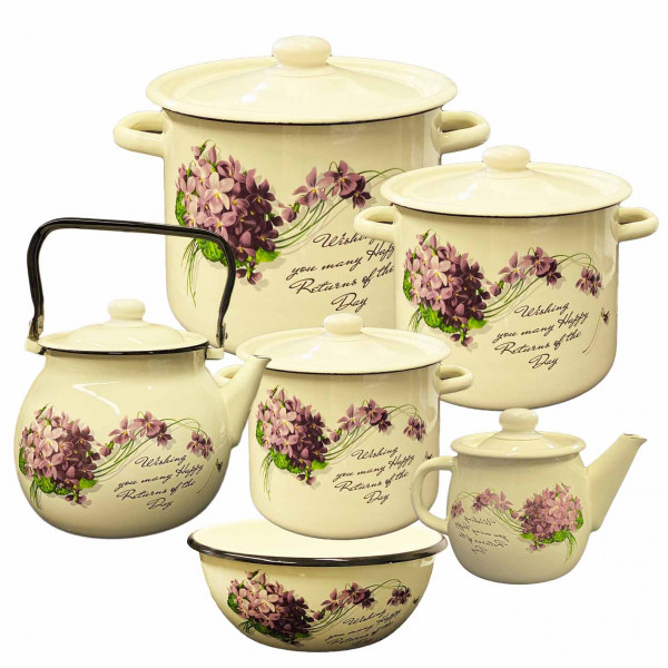 Emaillierten Set "Viola", Kochtöpfen 2,3,4.5 L, Teekannen 1, 3.5 L, Schüssel 4L