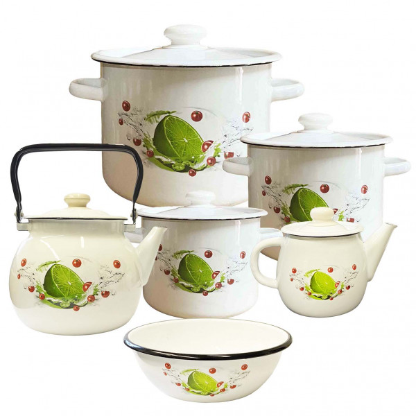 Emaillierten Set "Limette", Kochtöpfen 2,3,4.5 L, Teekannen 1, 3.5 L, Schüssel 4L