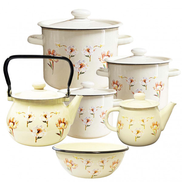 Emaillierten Set "Blumenfantasie", Kochtöpfen, 2L, 3L, 5,5L, Teekannen 3, 1L, Schüssel 4 L